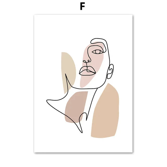 Abstract Line Women Face & Couple Kiss Canvas Wall Art
