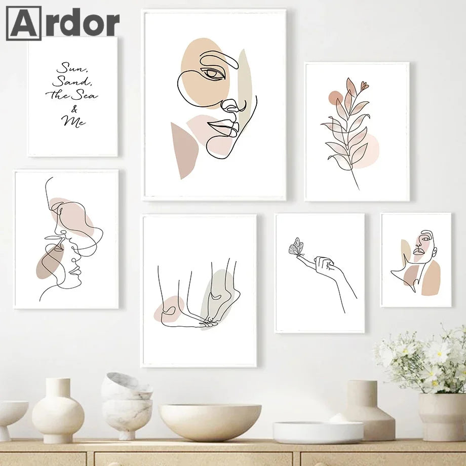Abstract Line Women Face & Couple Kiss Canvas Wall Art
