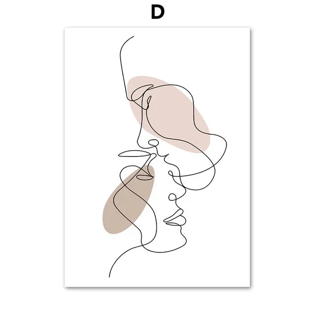 Abstract Line Women Face & Couple Kiss Canvas Wall Art