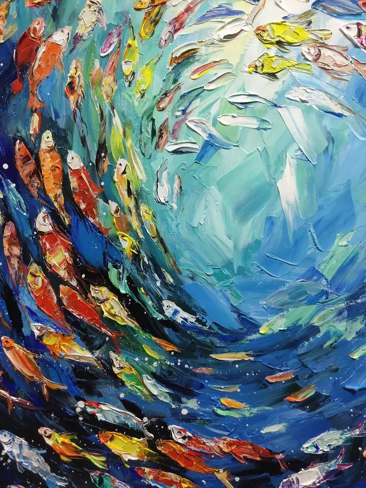 Abstract Fish Canvas Print Blue Ocean World Multicolored Tropical Fish Poster Modern Marine Fish School Canvas Painting Wall Art