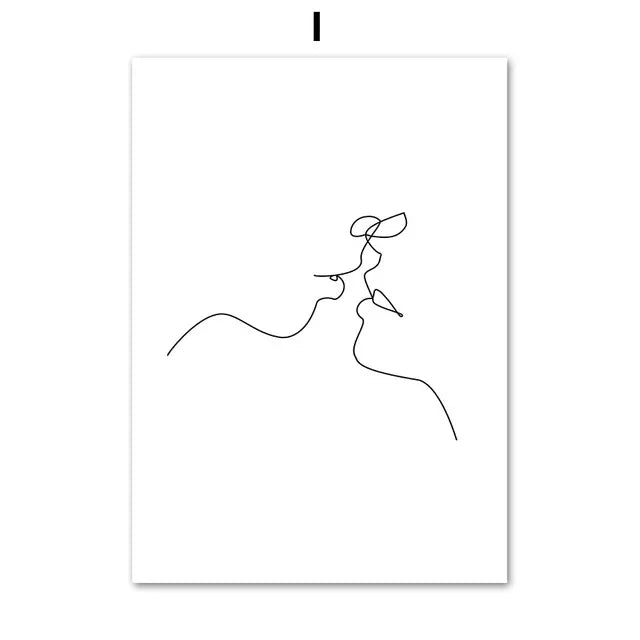 Abstract Line Women Face & Couple Kiss Canvas Wall Art