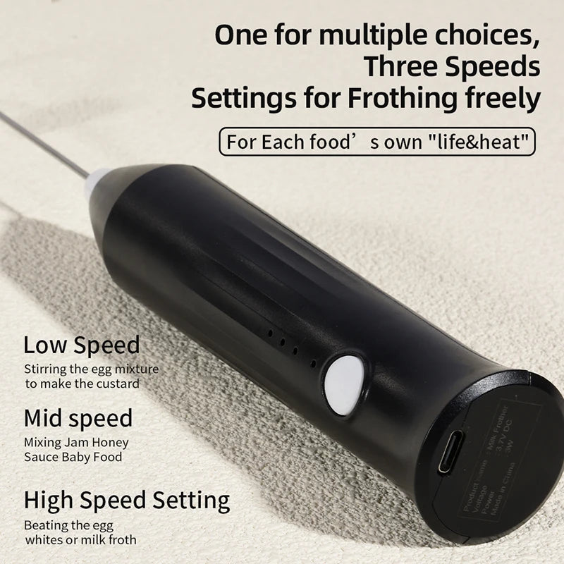 Electric Milk Frother & Egg Beater – USB Type-C Rechargeable 3-Speed Mini Handheld Foam Maker Coffee Whisk for Latte, Cappuccino & Cooking