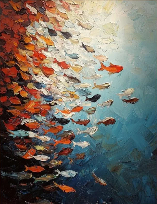 Abstract Fish Canvas Print Blue Ocean World Multicolored Tropical Fish Poster Modern Marine Fish School Canvas Painting Wall Art
