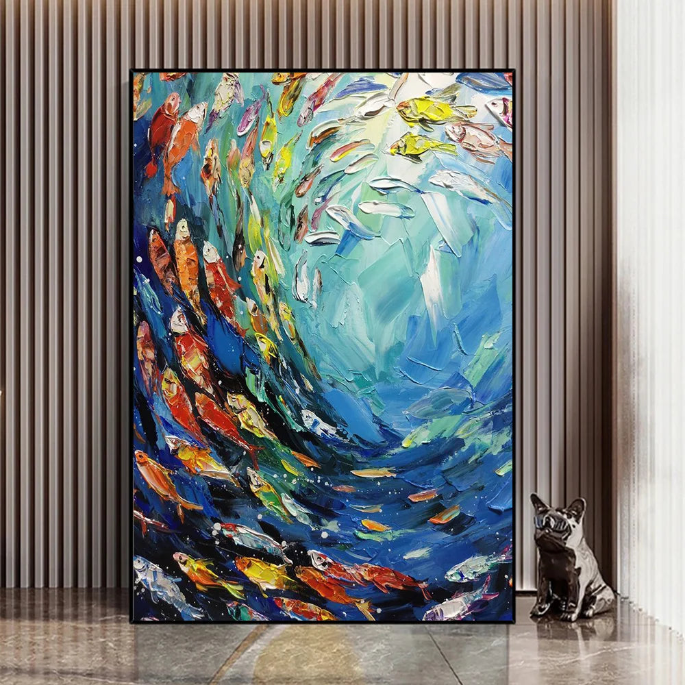 Abstract Fish Canvas Print Blue Ocean World Multicolored Tropical Fish Poster Modern Marine Fish School Canvas Painting Wall Art