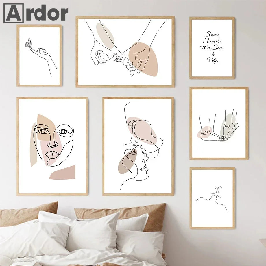 Abstract Line Women Face & Couple Kiss Canvas Wall Art