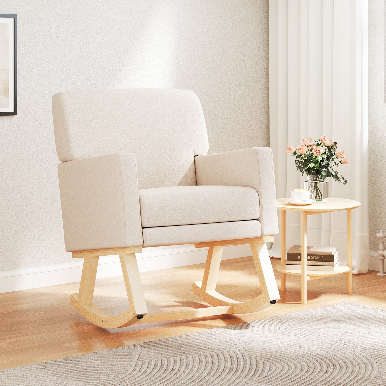Beige Upholstered Rocking Chair with Solid Wood Base