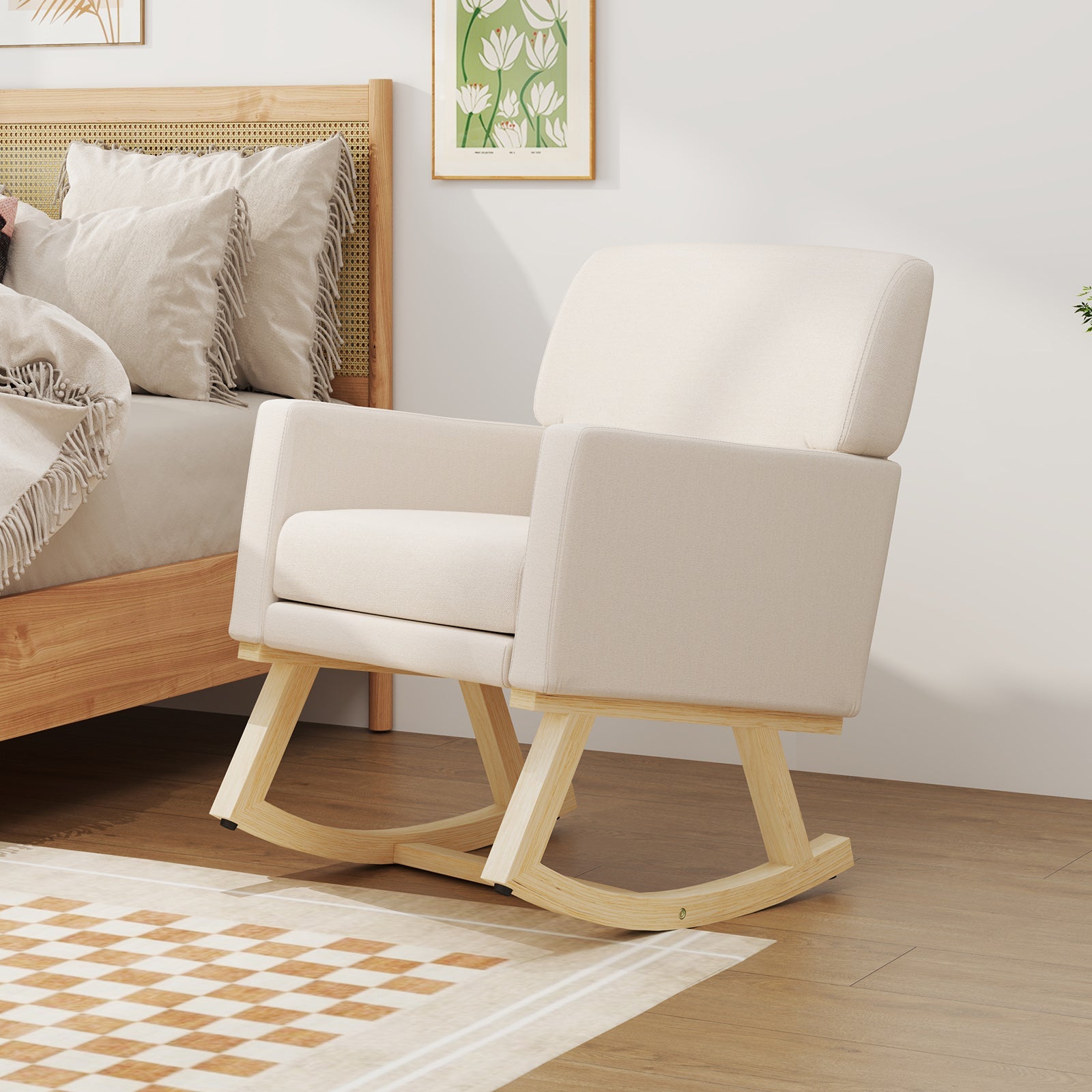 Beige Upholstered Rocking Chair with Solid Wood Base