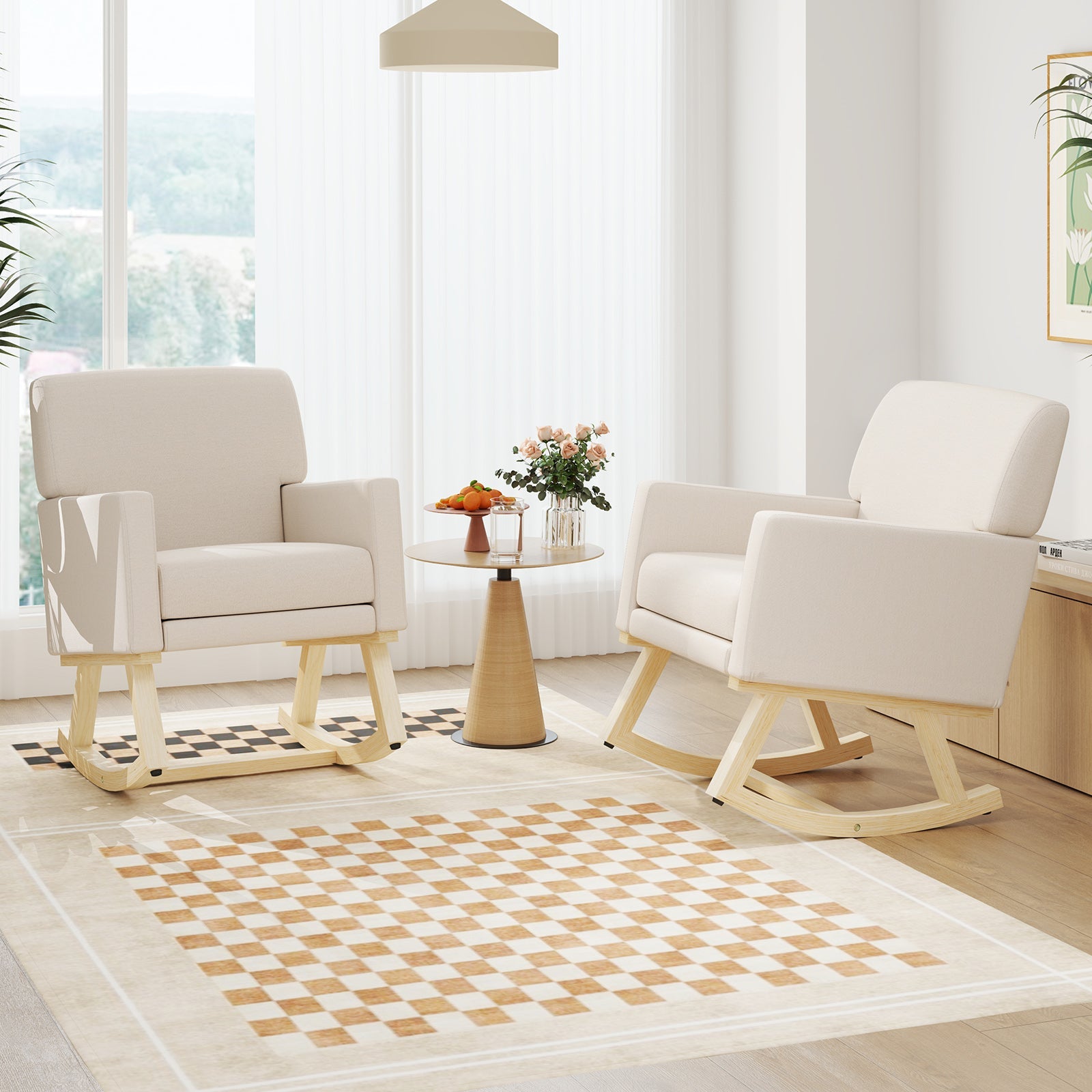 Beige Upholstered Rocking Chair with Solid Wood Base
