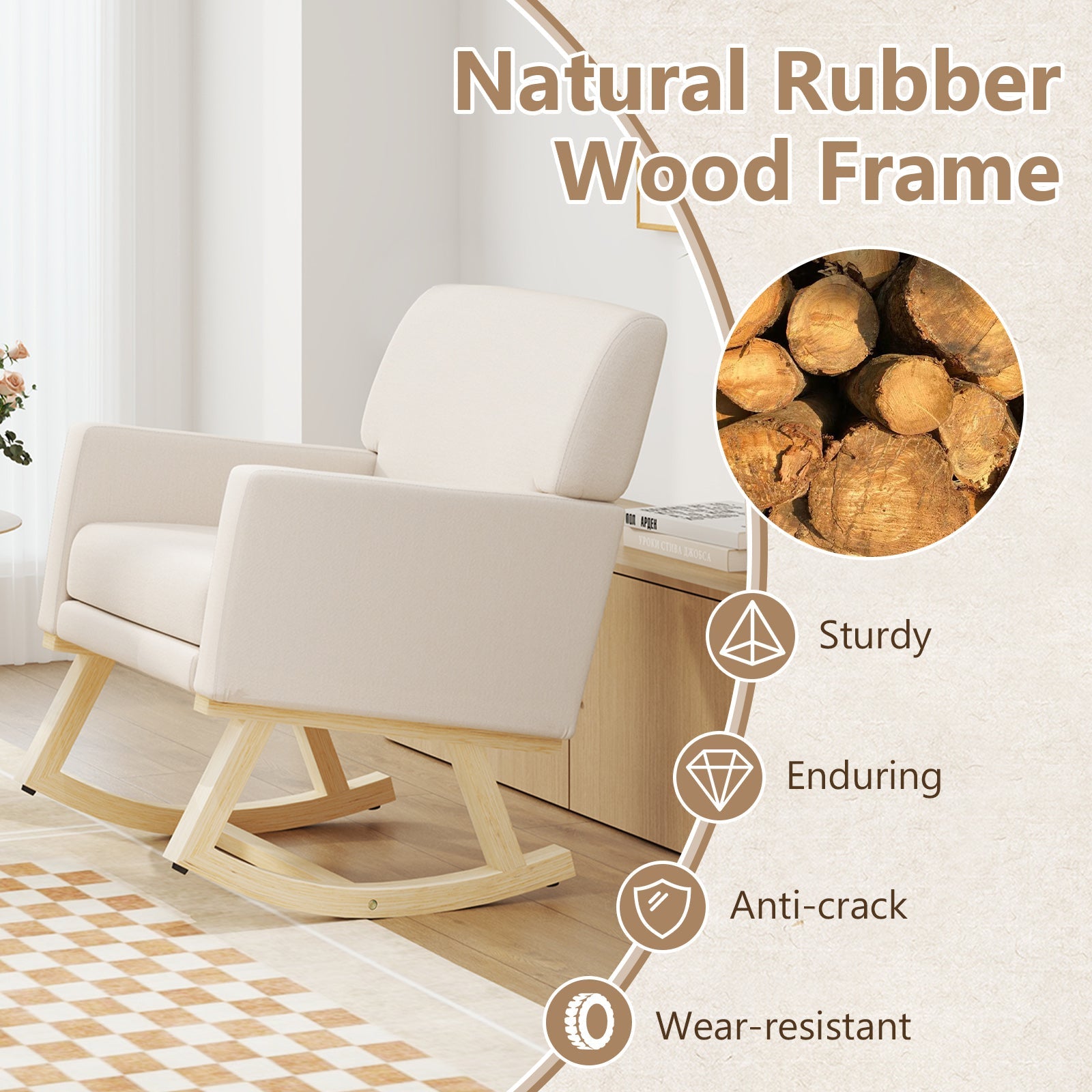 Beige Upholstered Rocking Chair with Solid Wood Base