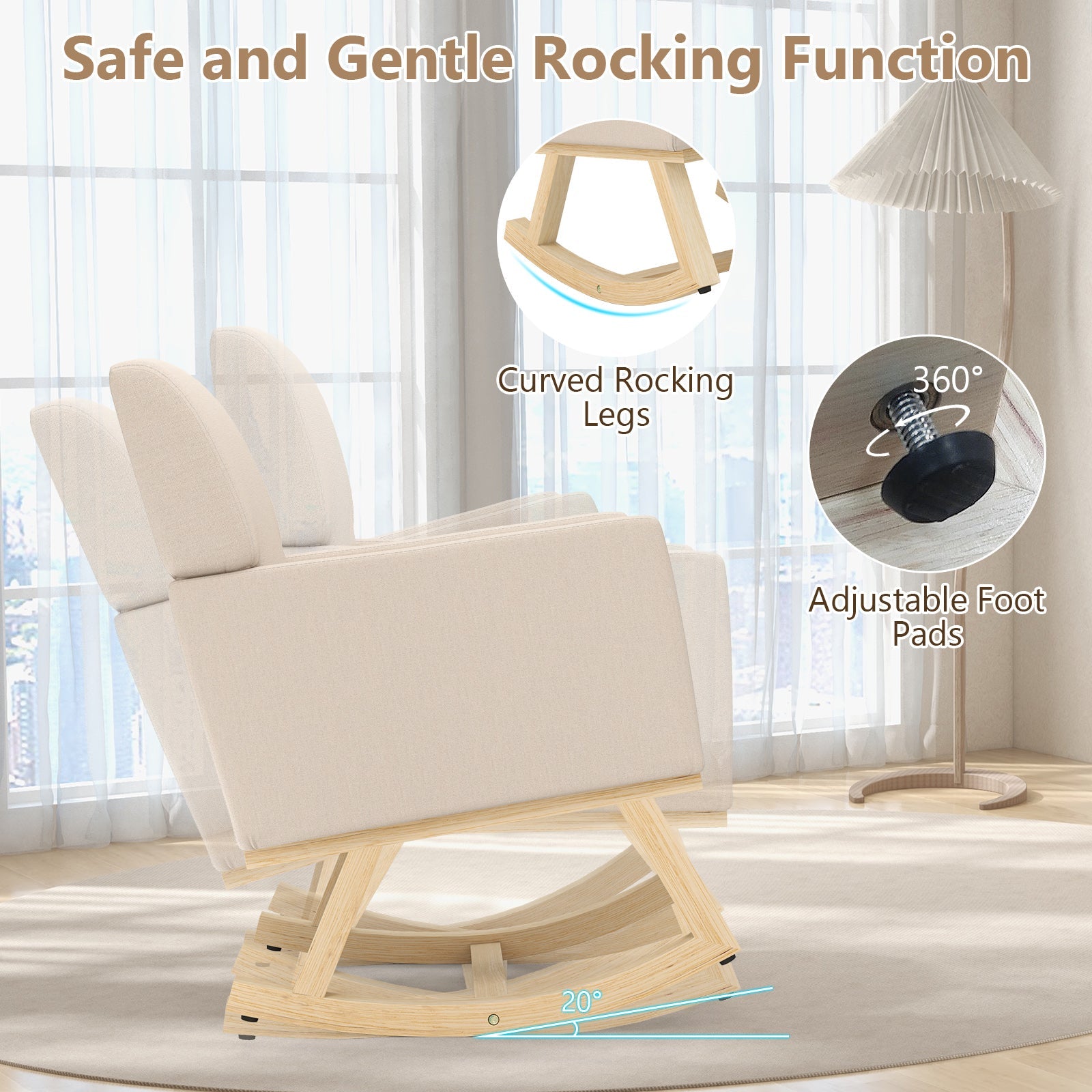Beige Upholstered Rocking Chair with Solid Wood Base