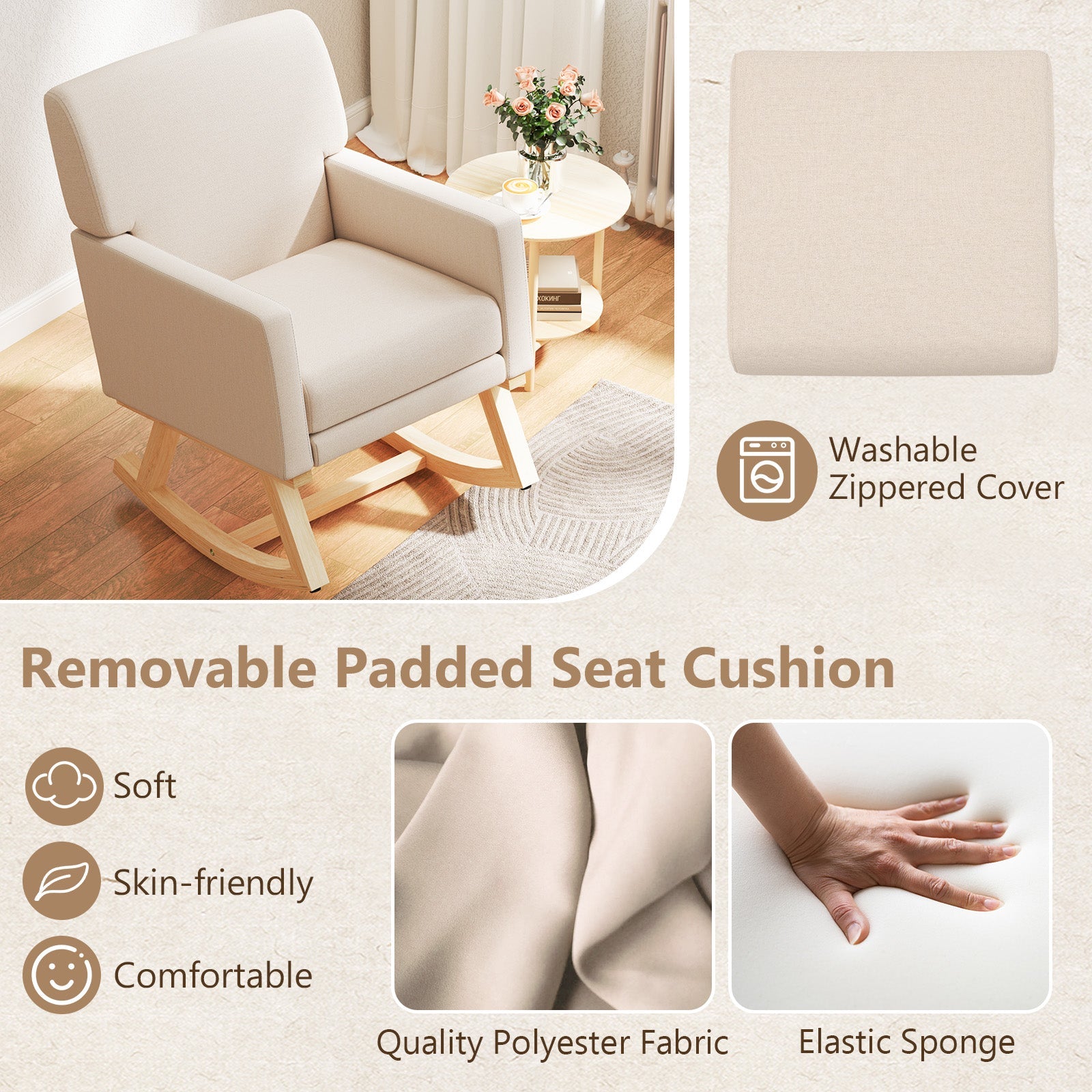 Beige Upholstered Rocking Chair with Solid Wood Base