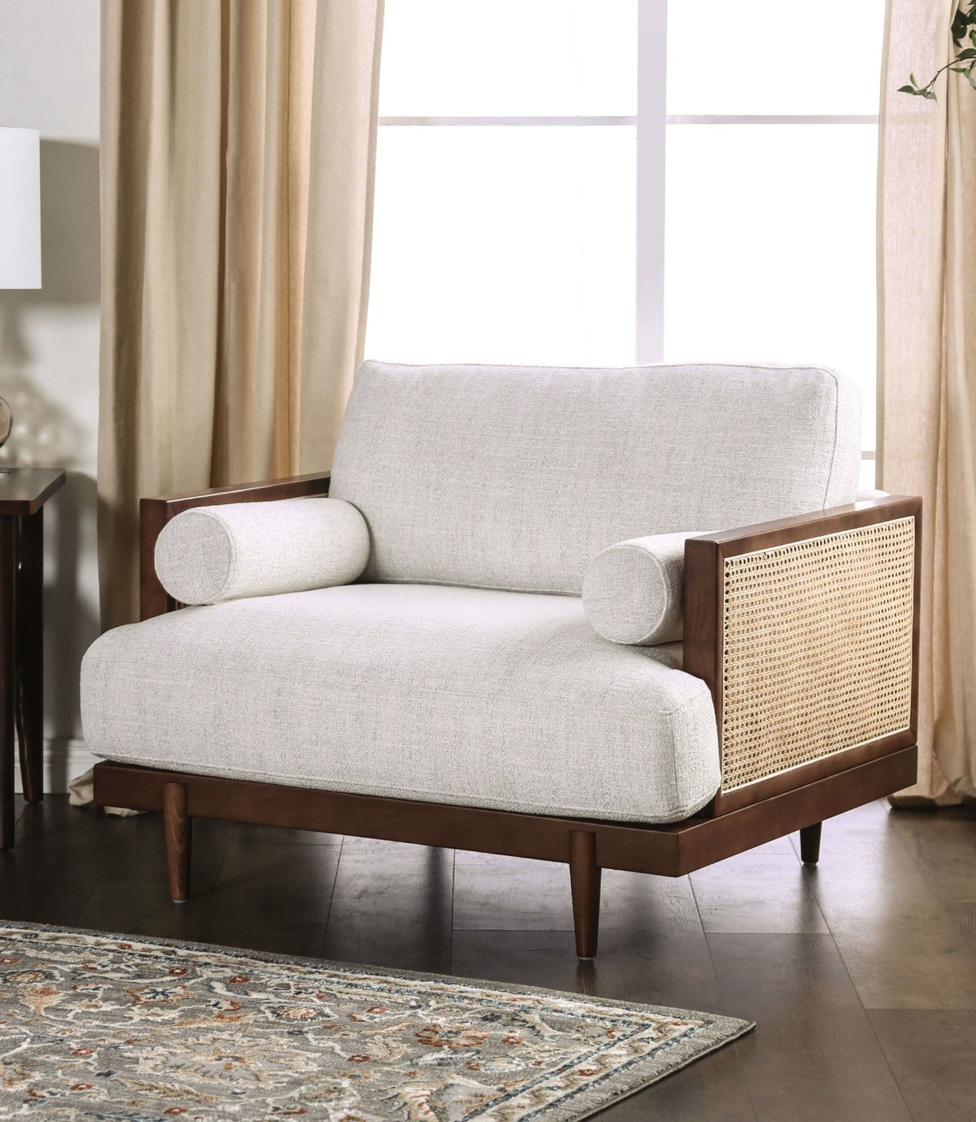 Beige Walnut Mid-Century Modern Chair with Tapered Legs & Pillows