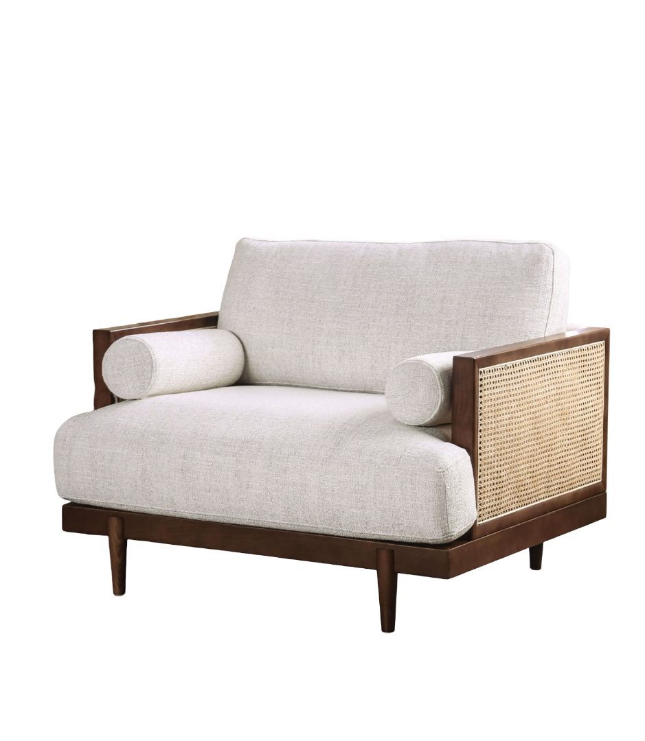 Beige Walnut Mid-Century Modern Chair with Tapered Legs & Pillows
