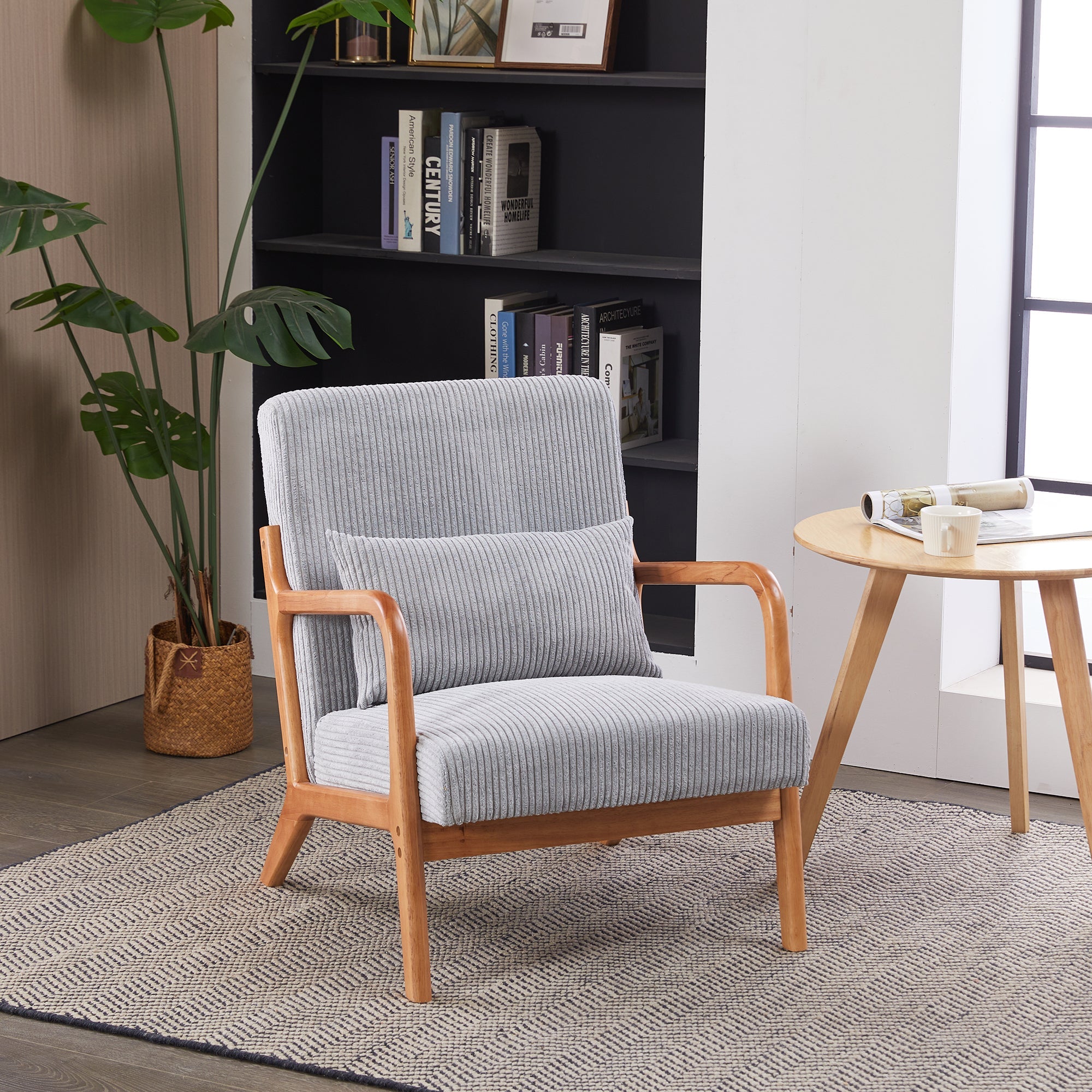 Mid-Century Modern Upholstered Arm Accent Chair with Pillow – Antique Dark Grey
