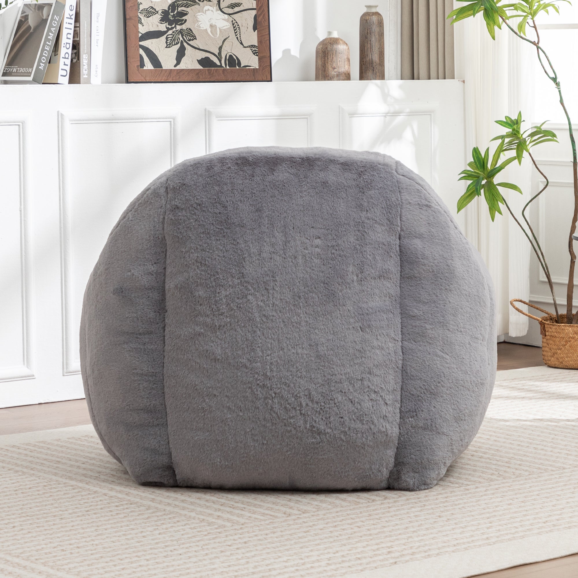 Grey Faux Fur Bean Bag Chair with Back Support for Adults & Kids