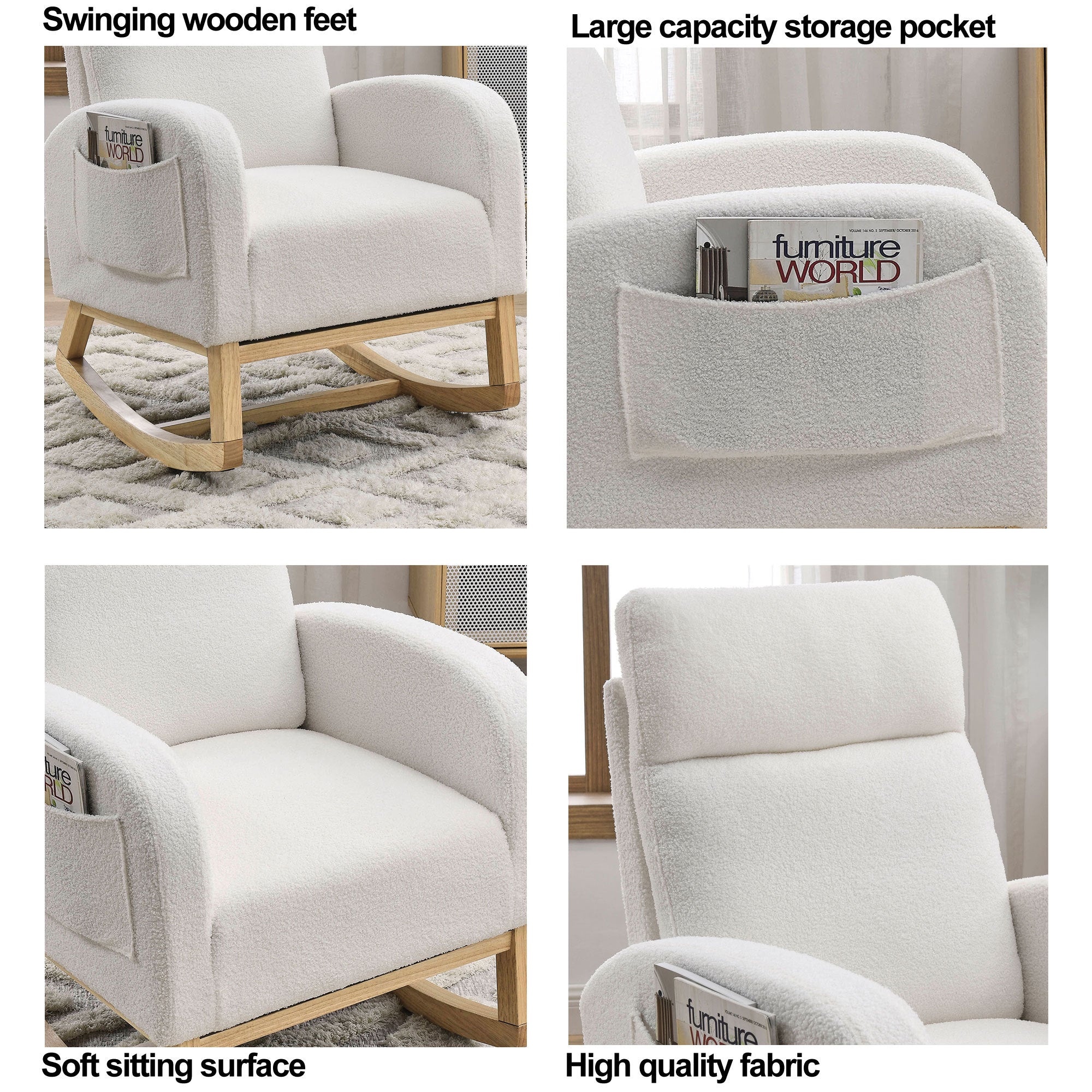 27.6" Modern High Back Teddy White Rocking Lounge Chair with Pockets