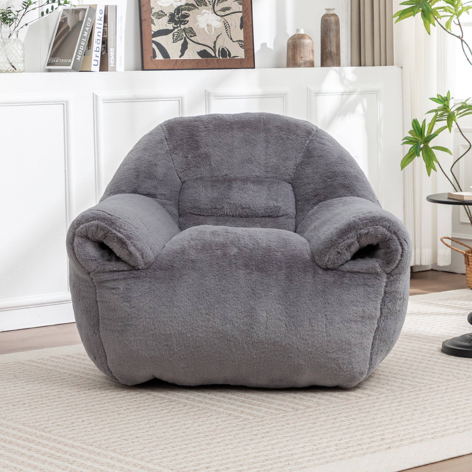 Grey Faux Fur Bean Bag Chair with Back Support for Adults & Kids