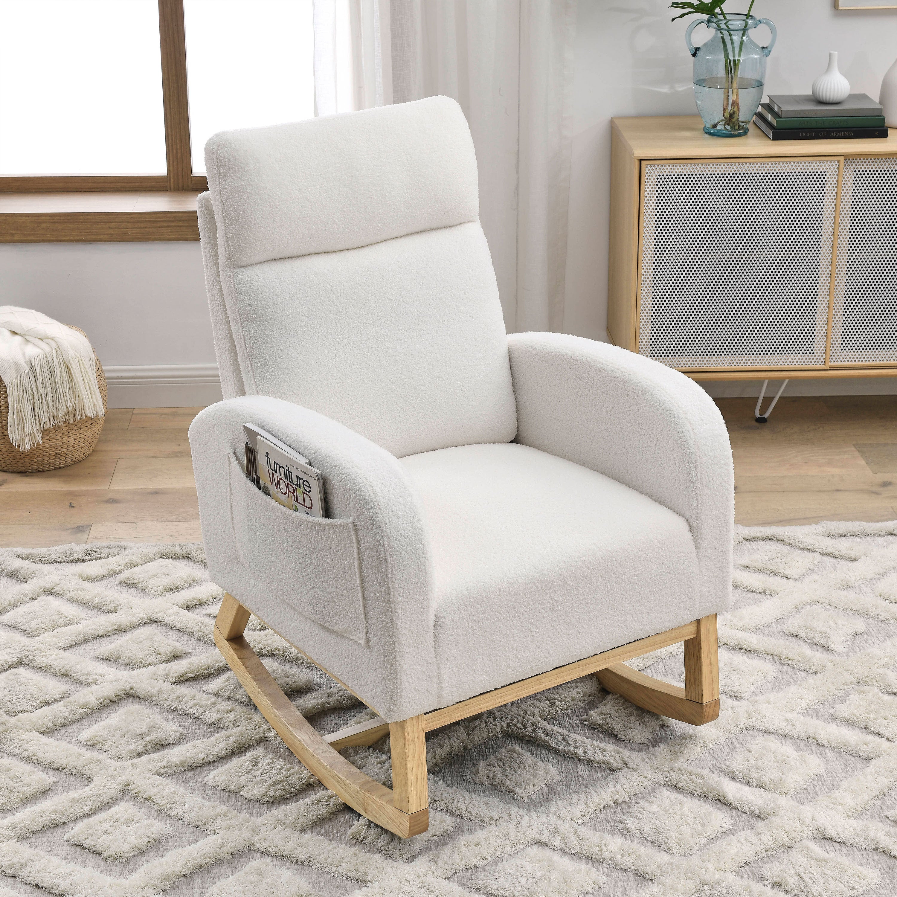 27.6" Modern High Back Teddy White Rocking Lounge Chair with Pockets