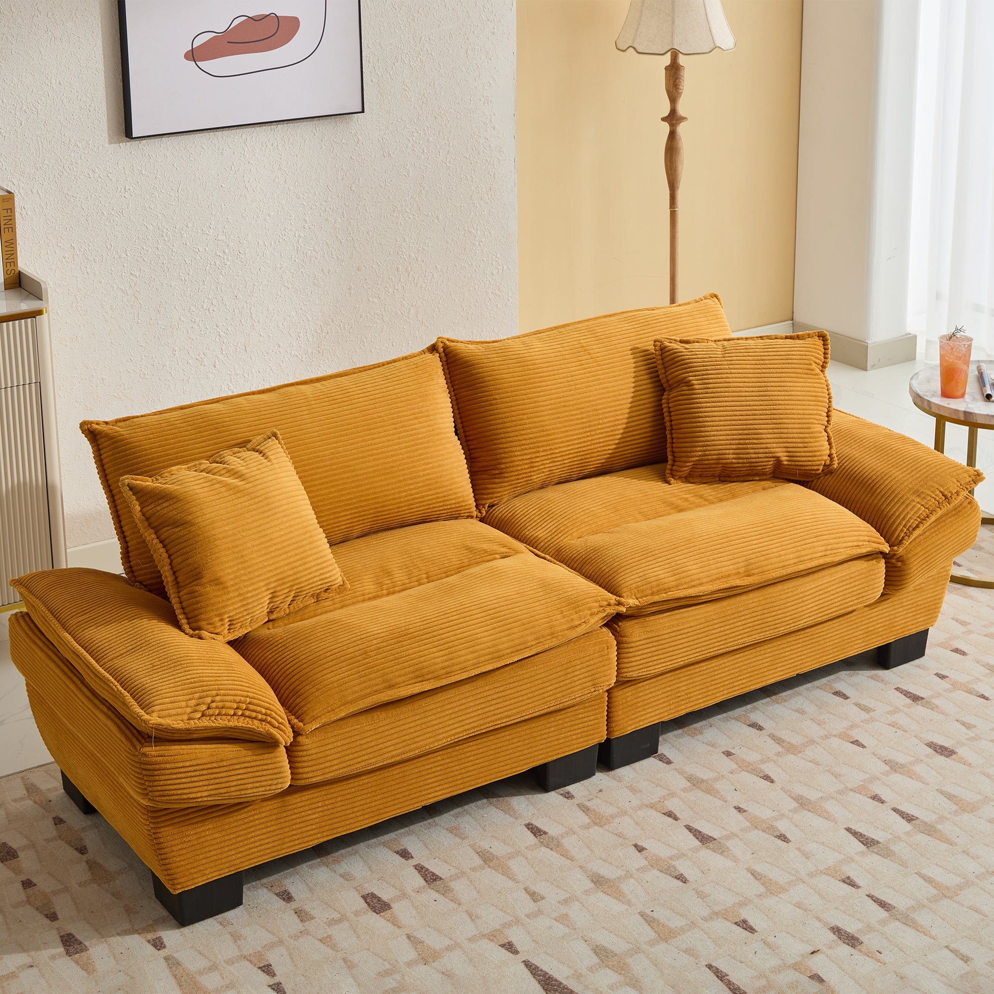 Yellow Corduroy Sofa Sleeper Loveseat with Pillows – Deep Seat