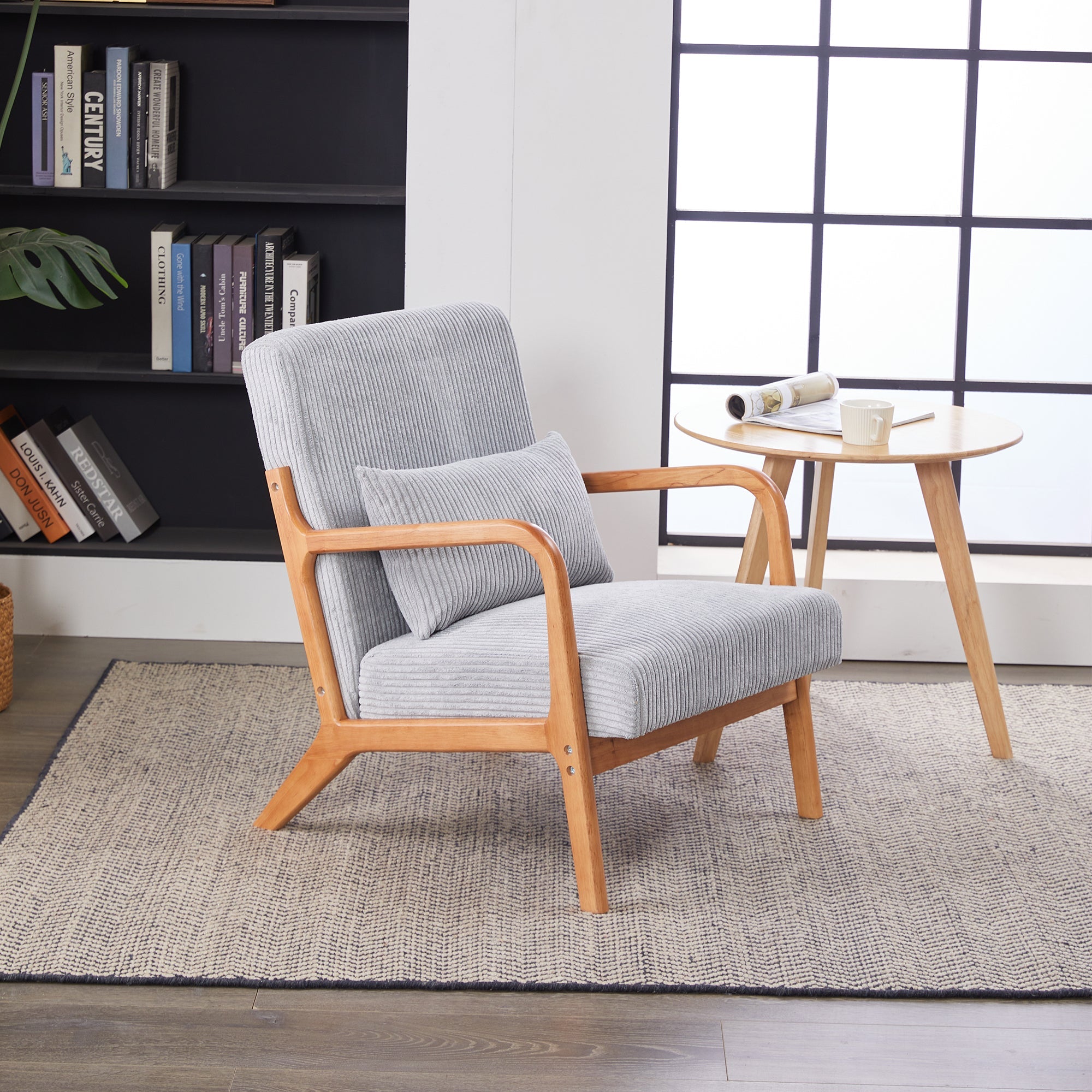 Mid-Century Modern Upholstered Arm Accent Chair with Pillow – Antique Dark Grey