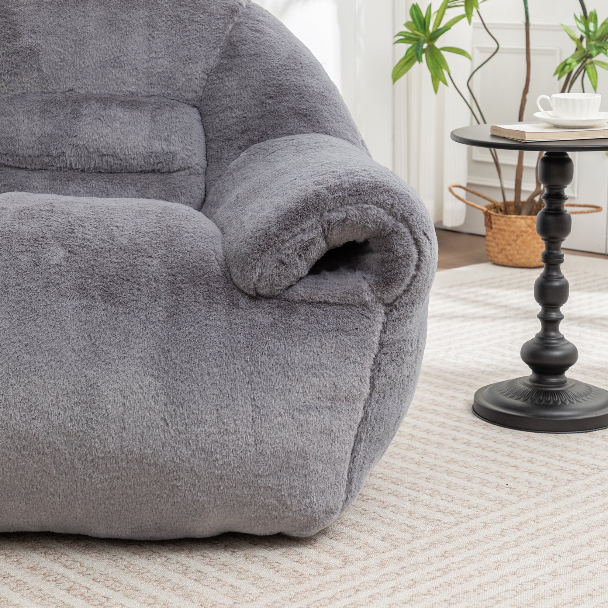 Grey Faux Fur Bean Bag Chair with Back Support for Adults & Kids