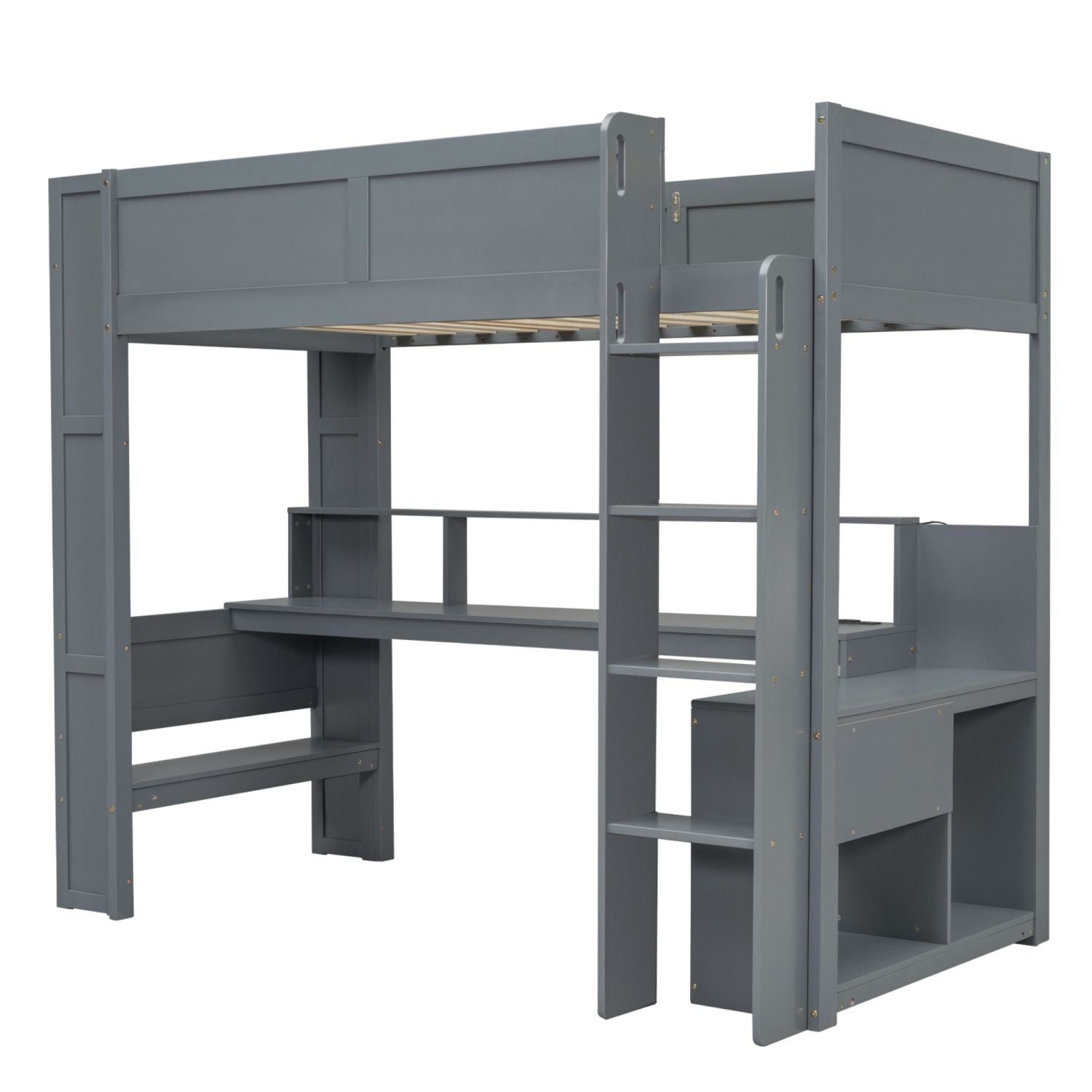 Twin Loft Bed with Desk & Shelves - Gray - Just Better Bunk Beds
