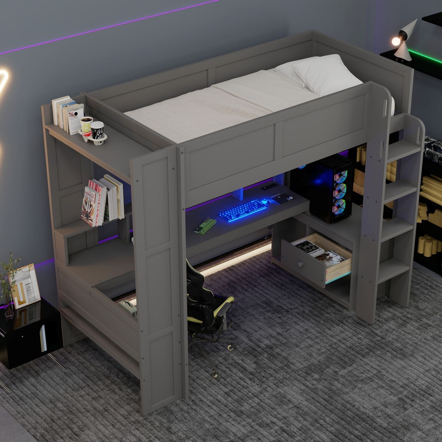 Twin Loft Bed with Desk & Shelves - Gray - Just Better Bunk Beds