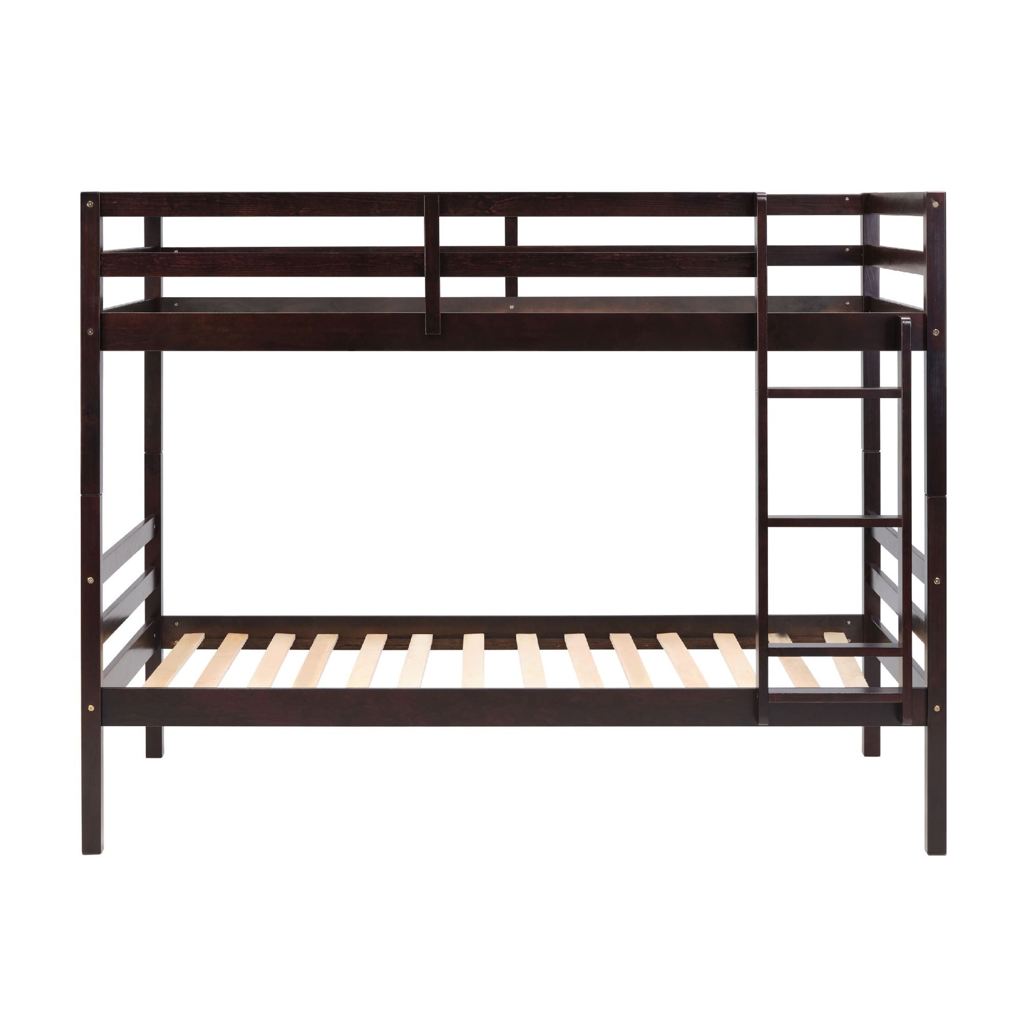 Twin Over Twin Wood Bunk Bed with Ladder & Safety Rails - Espresso - Just Better Bunk Beds