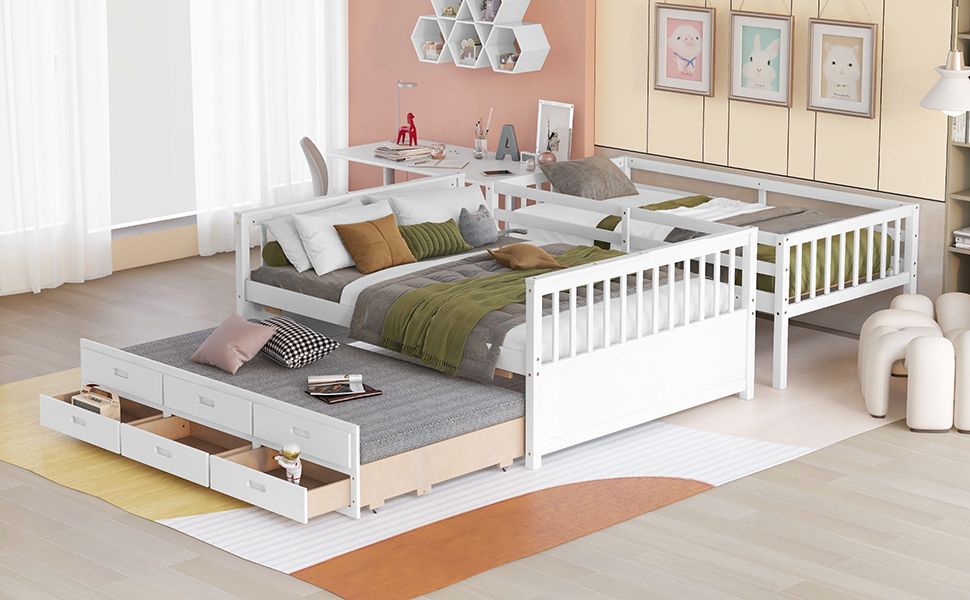 Twin Over Full Bunk Bed with Drawers & Trundle - White - Just Better Bunk Beds