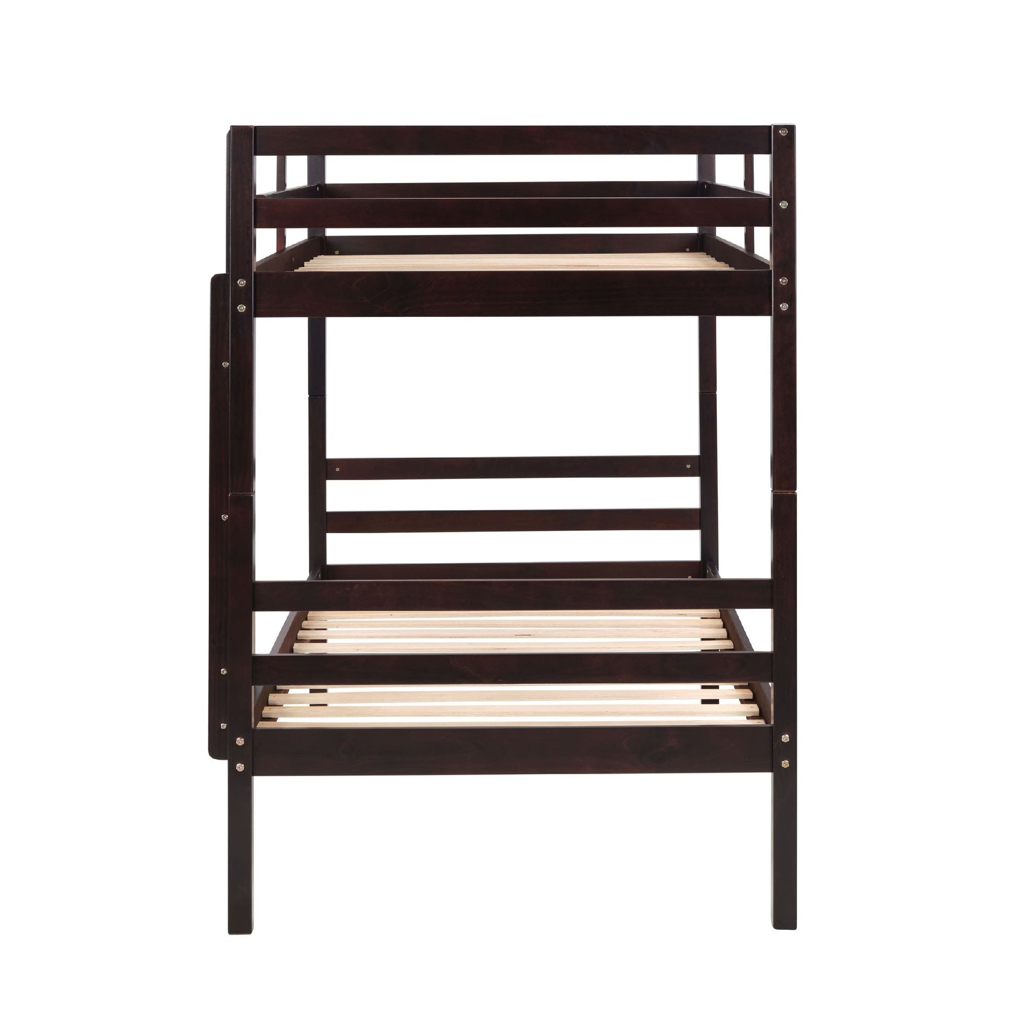 Twin Over Twin Wood Bunk Bed with Ladder & Safety Rails - Espresso - Just Better Bunk Beds