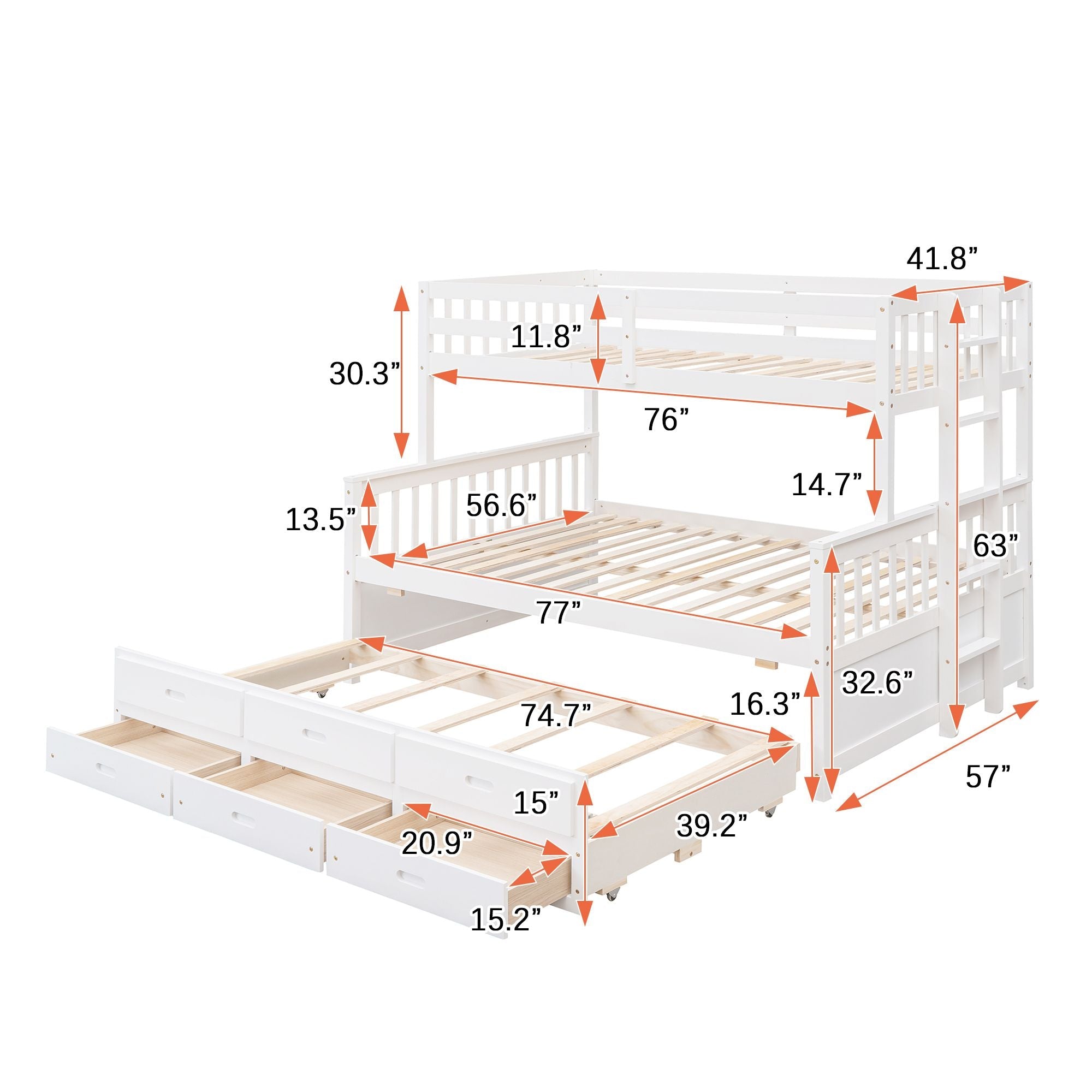 Twin Over Full Bunk Bed with Drawers & Trundle - White - Just Better Bunk Beds