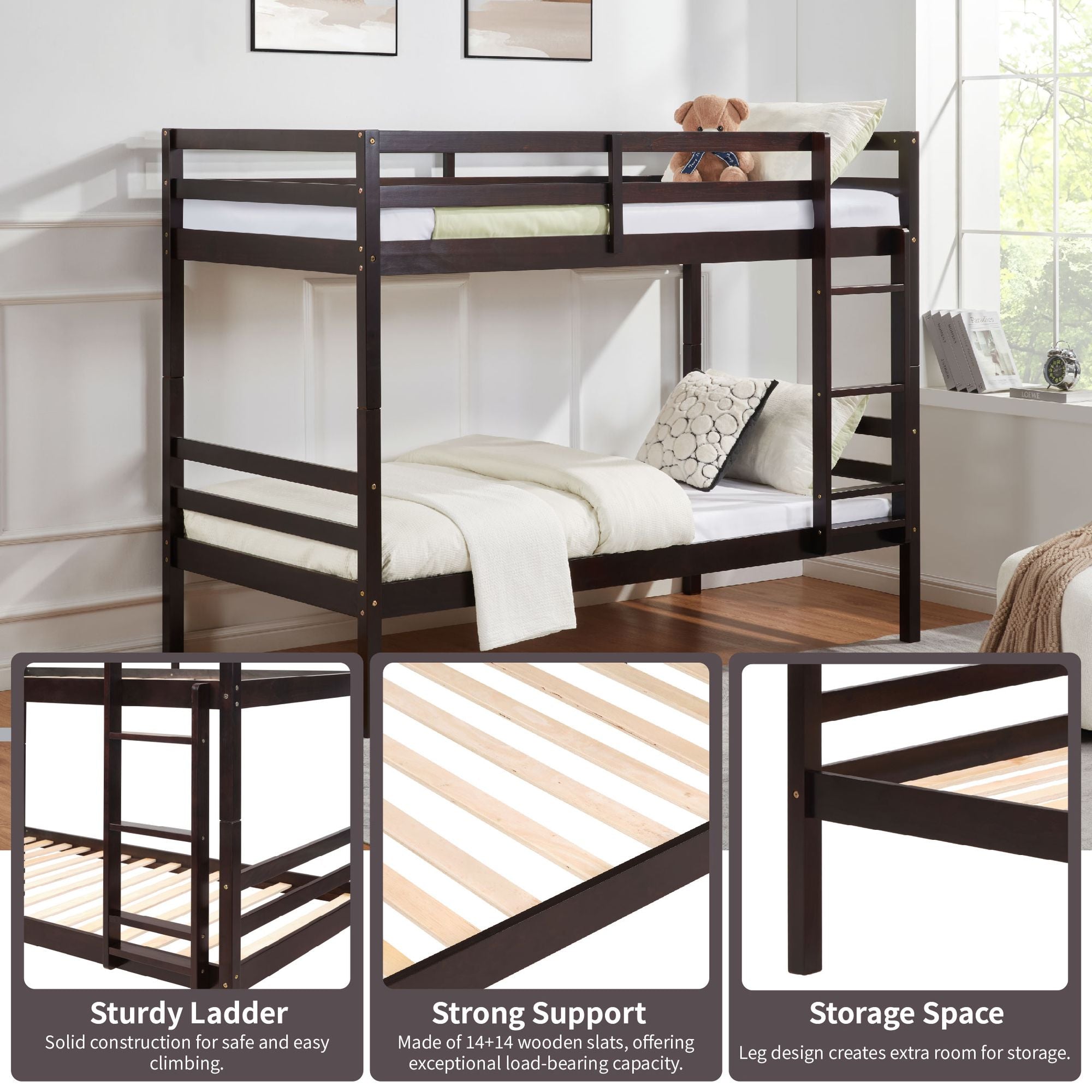 Twin Over Twin Wood Bunk Bed with Ladder & Safety Rails - Espresso - Just Better Bunk Beds