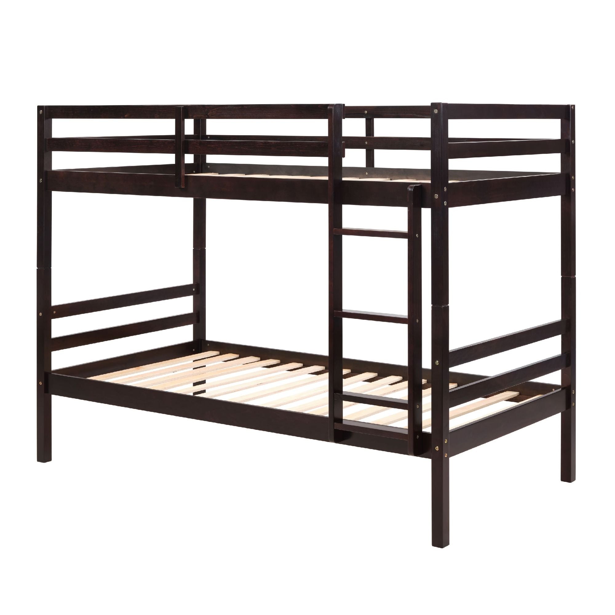Twin Over Twin Wood Bunk Bed with Ladder & Safety Rails - Espresso - Just Better Bunk Beds
