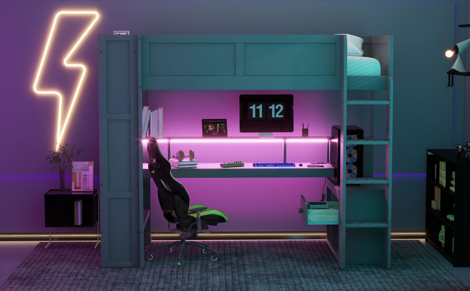 Twin Loft Bed with Desk & Shelves - Gray - Just Better Bunk Beds