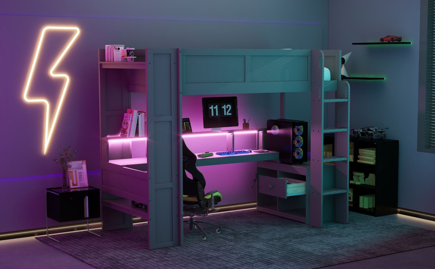 Twin Loft Bed with Desk & Shelves - Gray - Just Better Bunk Beds