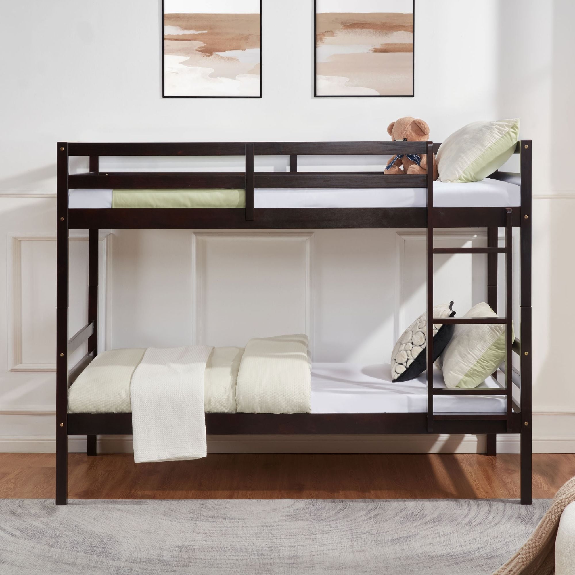Twin Over Twin Wood Bunk Bed with Ladder & Safety Rails - Espresso - Just Better Bunk Beds