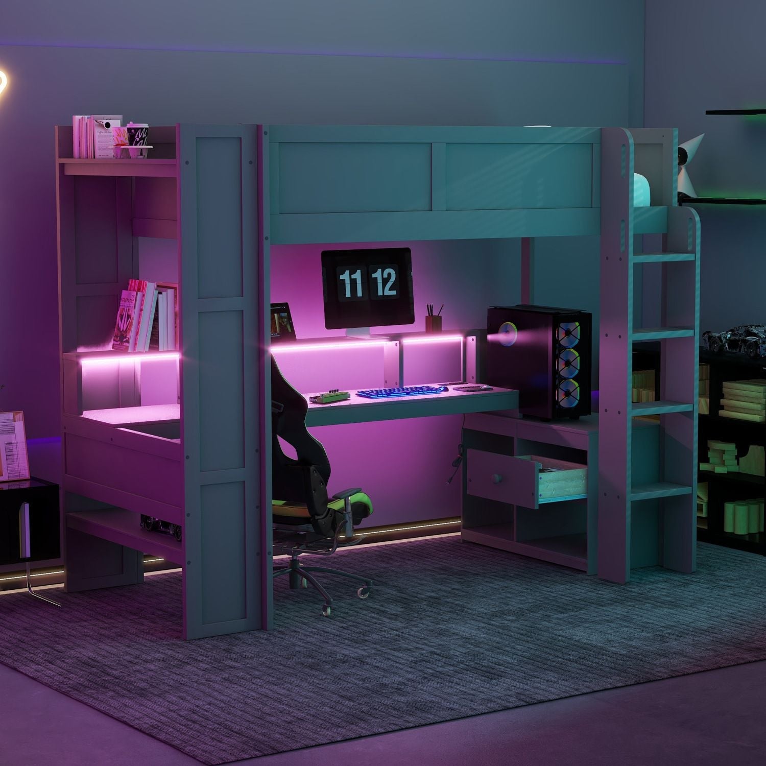 Twin Loft Bed with Desk & Shelves - Gray - Just Better Bunk Beds