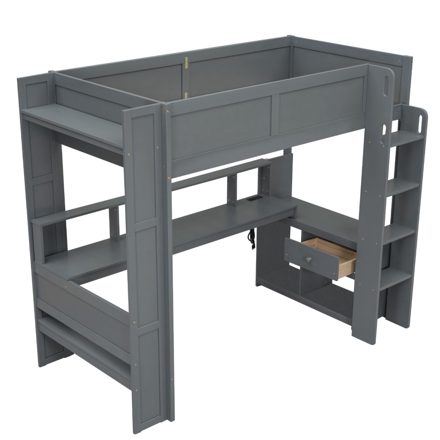Twin Loft Bed with Desk & Shelves - Gray - Just Better Bunk Beds
