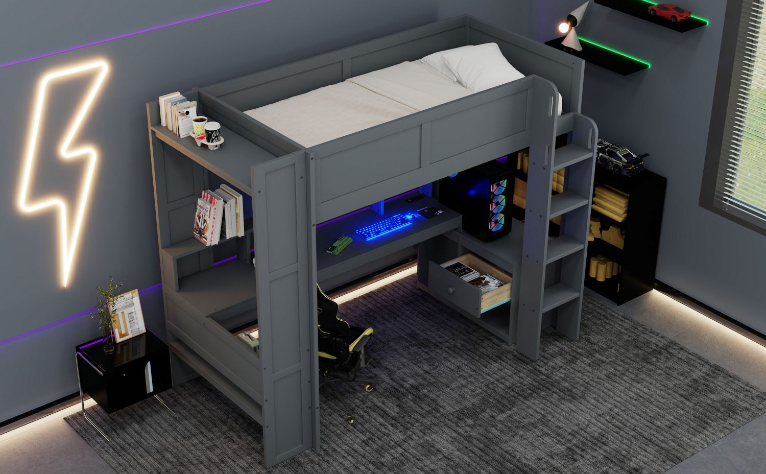 Twin Loft Bed with Desk & Shelves - Gray - Just Better Bunk Beds