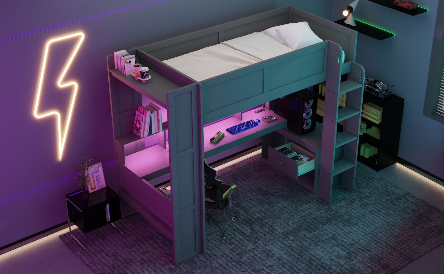 Twin Loft Bed with Desk & Shelves - Gray - Just Better Bunk Beds