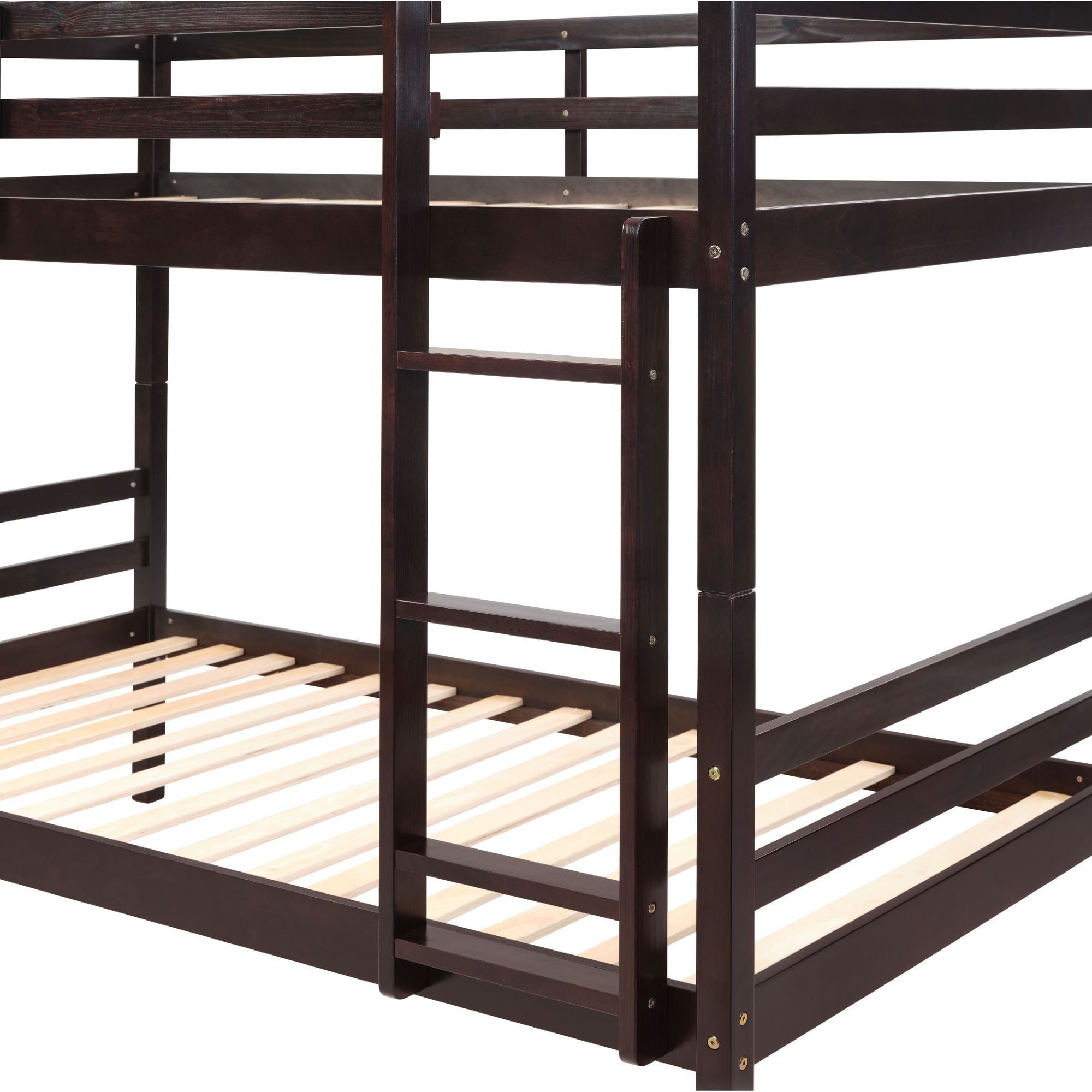 Twin Over Twin Wood Bunk Bed with Ladder & Safety Rails - Espresso - Just Better Bunk Beds