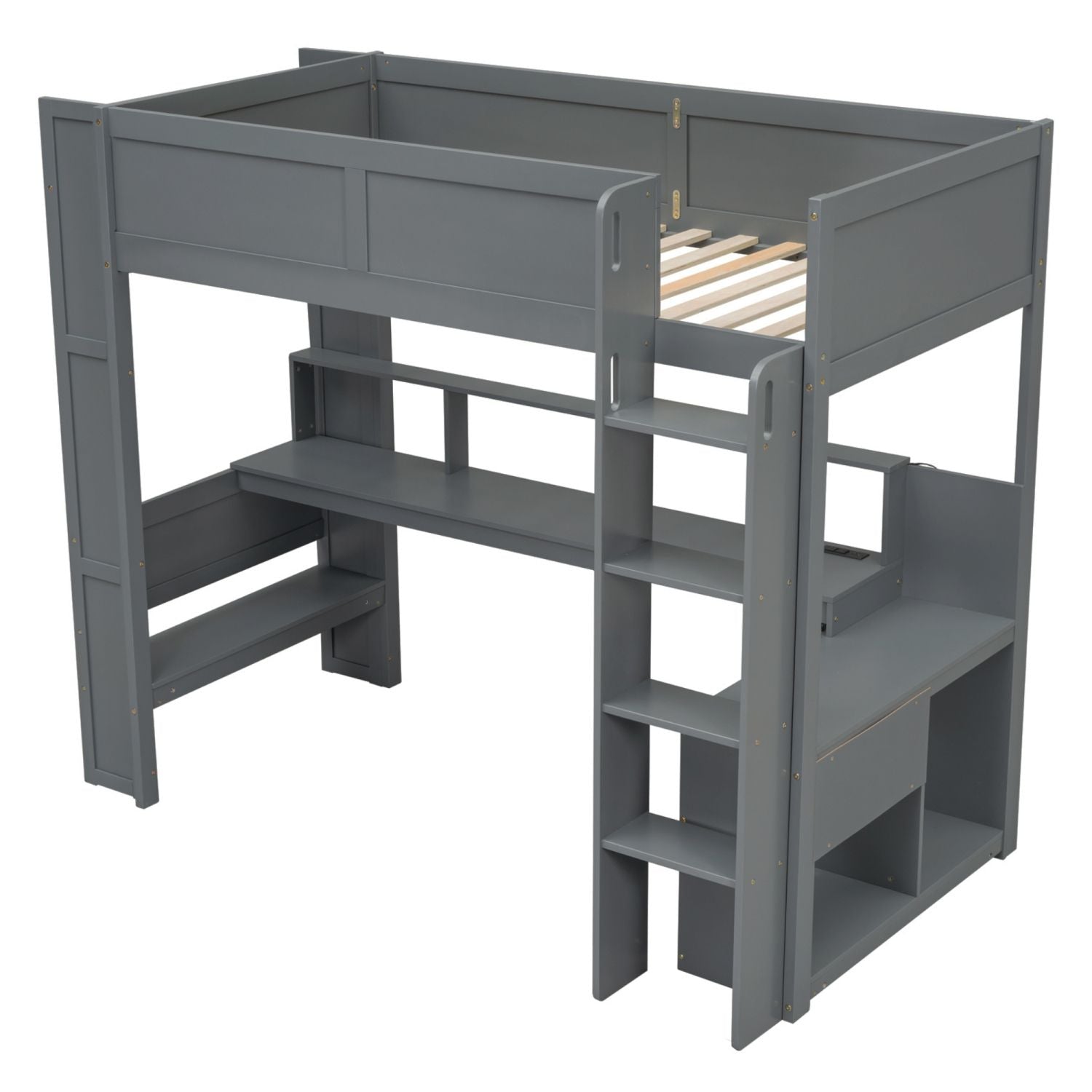 Twin Loft Bed with Desk & Shelves - Gray - Just Better Bunk Beds
