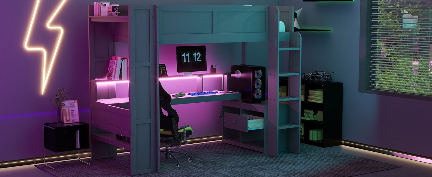Twin Loft Bed with Desk & Shelves - Gray - Just Better Bunk Beds