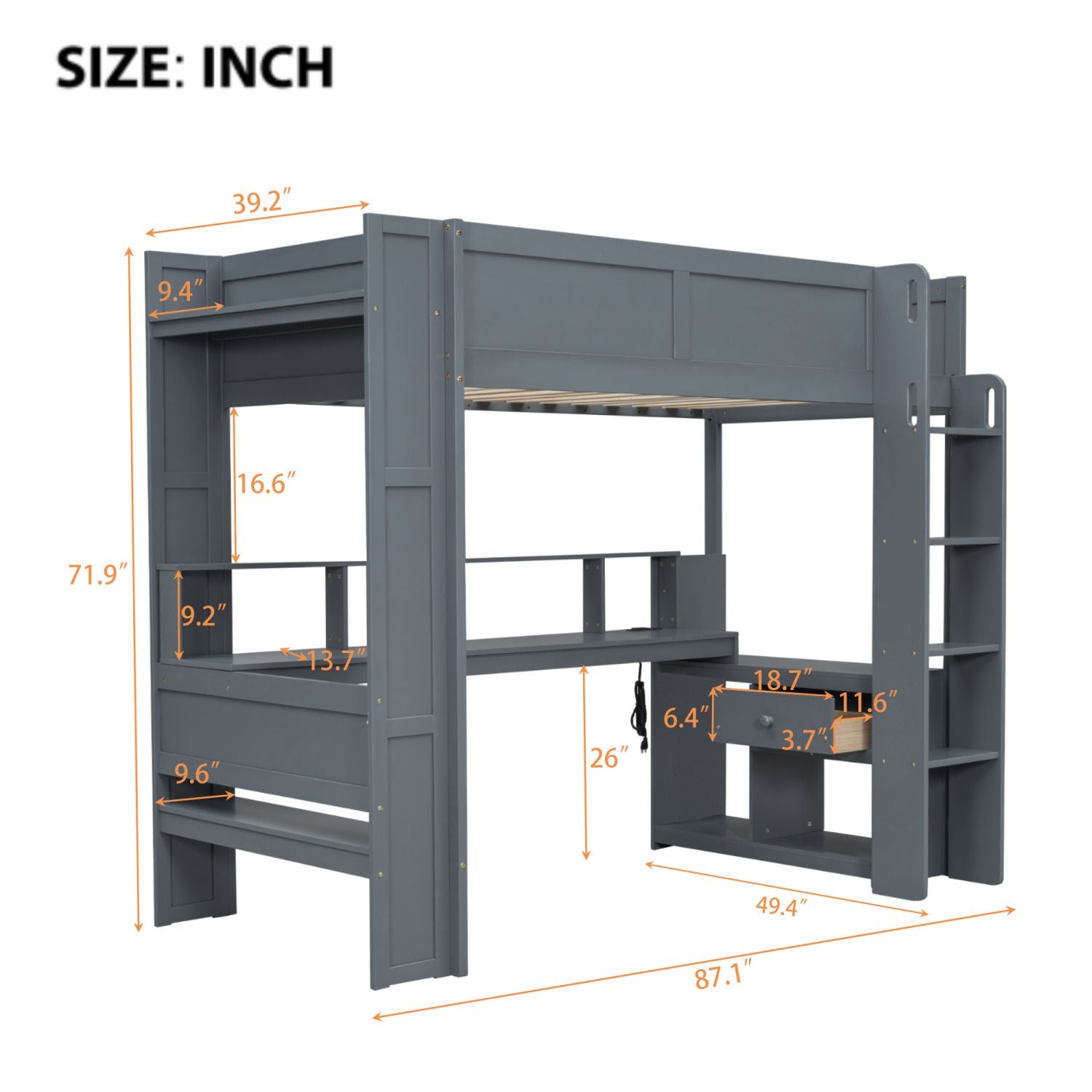 Twin Loft Bed with Desk & Shelves - Gray - Just Better Bunk Beds