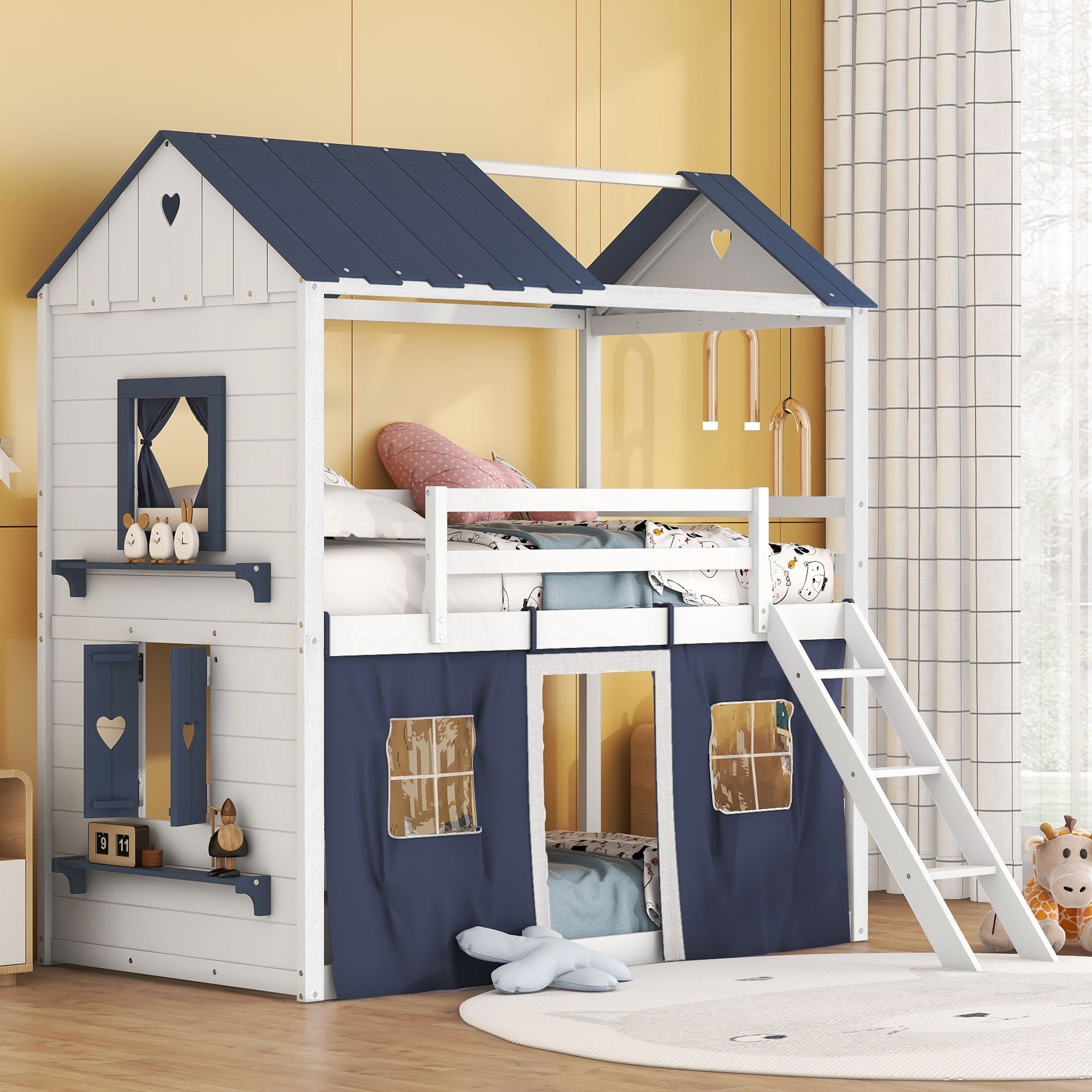 Twin House Bunk Bed with Tent & Windows - White - Just Better Bunk Beds