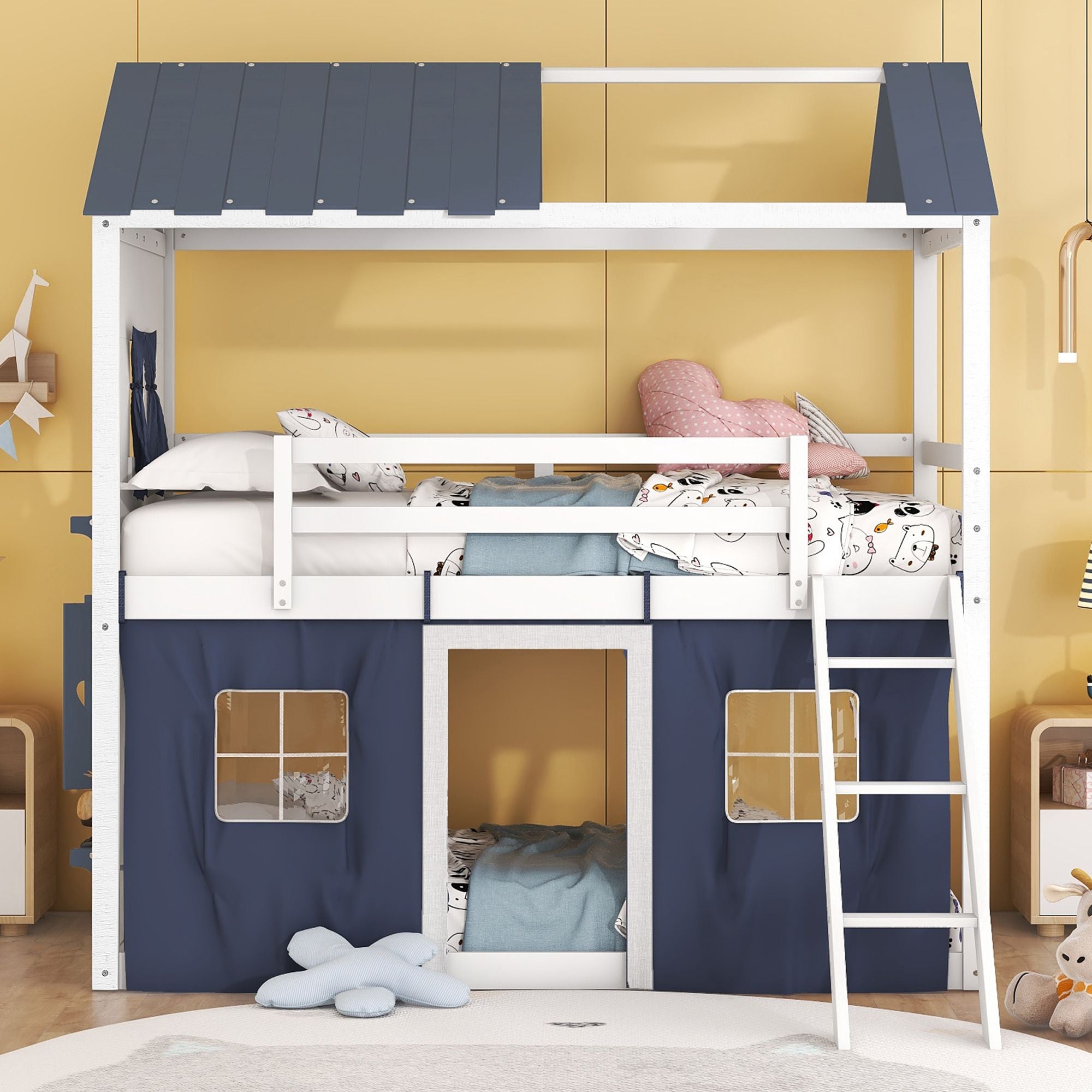 Twin House Bunk Bed with Tent & Windows - White - Just Better Bunk Beds