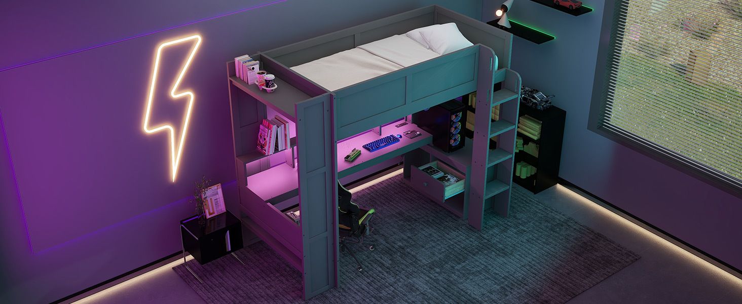 Twin Loft Bed with Desk & Shelves - Gray - Just Better Bunk Beds