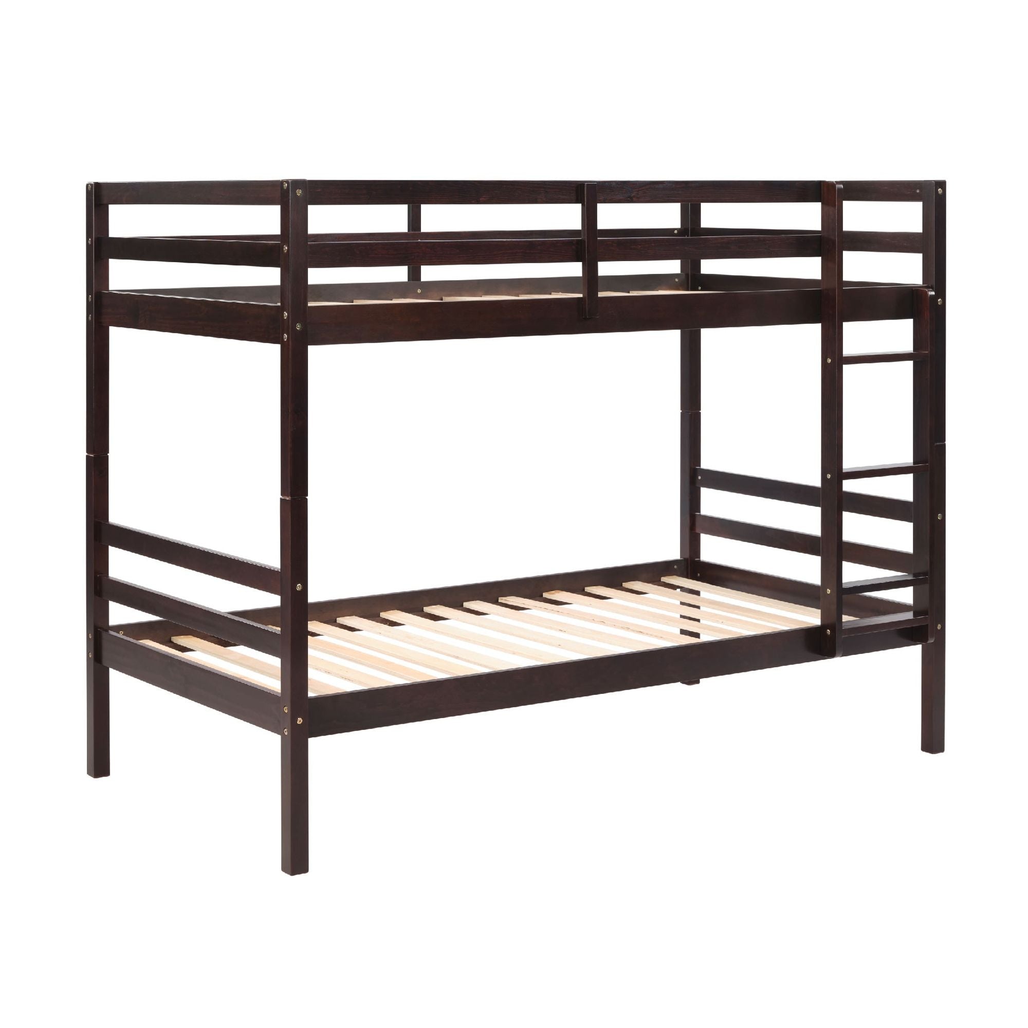 Twin Over Twin Wood Bunk Bed with Ladder & Safety Rails - Espresso - Just Better Bunk Beds