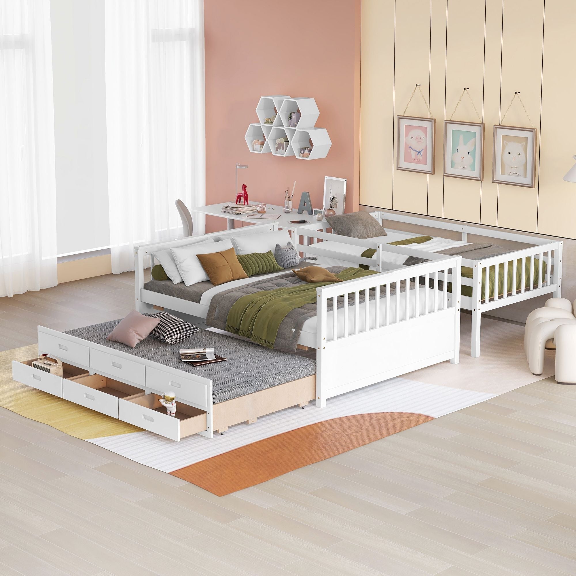 Twin Over Full Bunk Bed with Drawers & Trundle - White - Just Better Bunk Beds