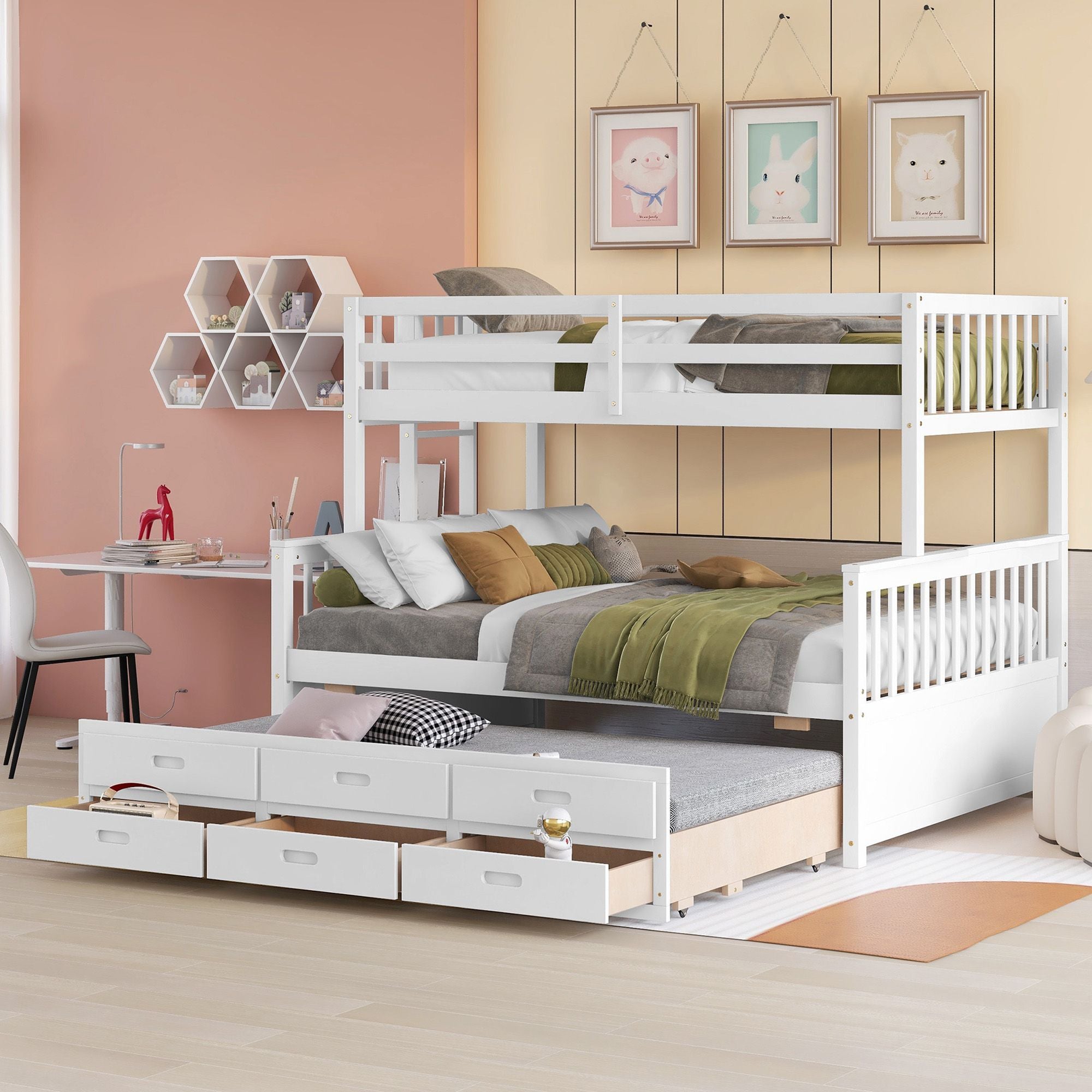 Twin Over Full Bunk Bed with Drawers & Trundle - White - Just Better Bunk Beds